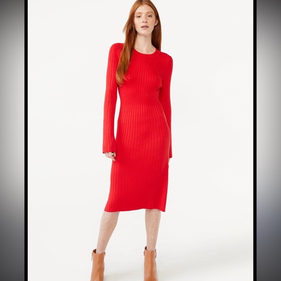 Free Assembly Dresses & Skirts - Free Assembly Red Ribbed Long Sleeve Sweater Midi Dress